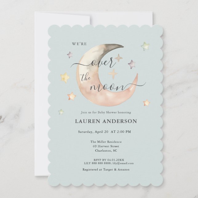 Over The Moon Boho Celestial Blue Baby shower Invitation (Front)