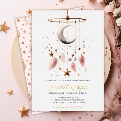 Over the Moon Boho Celestial Girl Baby Shower Gold Foil Invitation