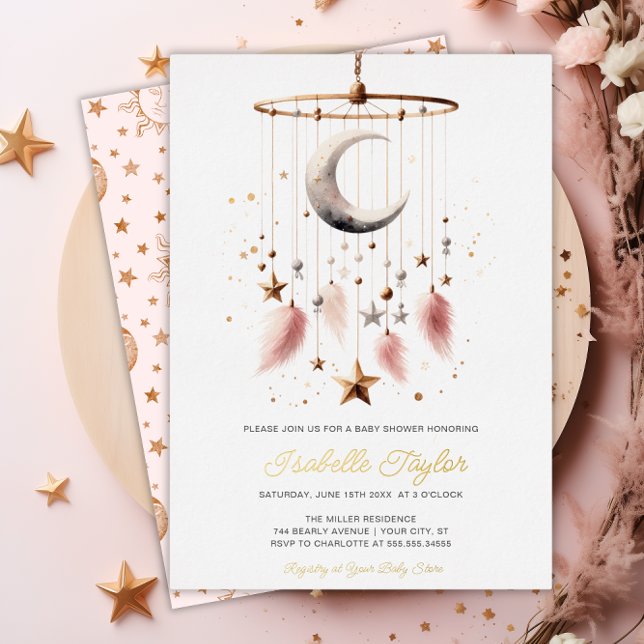 Over the Moon Boho Celestial Girl Baby Shower Gold Foil Invitation (Over the Moon Boho Celestial Girl Baby Shower Gold Foil Invitation)