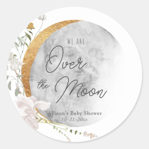 Over the Moon boho gender neutral baby shower Classic Round Sticker
