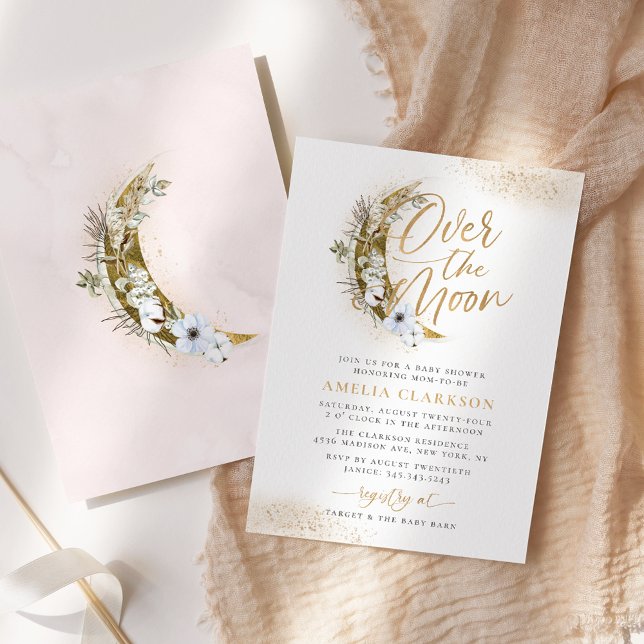 Over the Moon Boho Gold Dust & Clouds Baby Shower Invitation (Creator Uploaded)