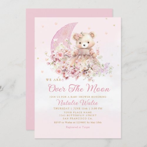 Over the Moon Boho Teddy Bear Girl Baby Shower Invitation