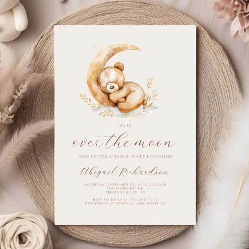 Over the Moon Boho Teddy Bear Neutral Baby Shower Invitation