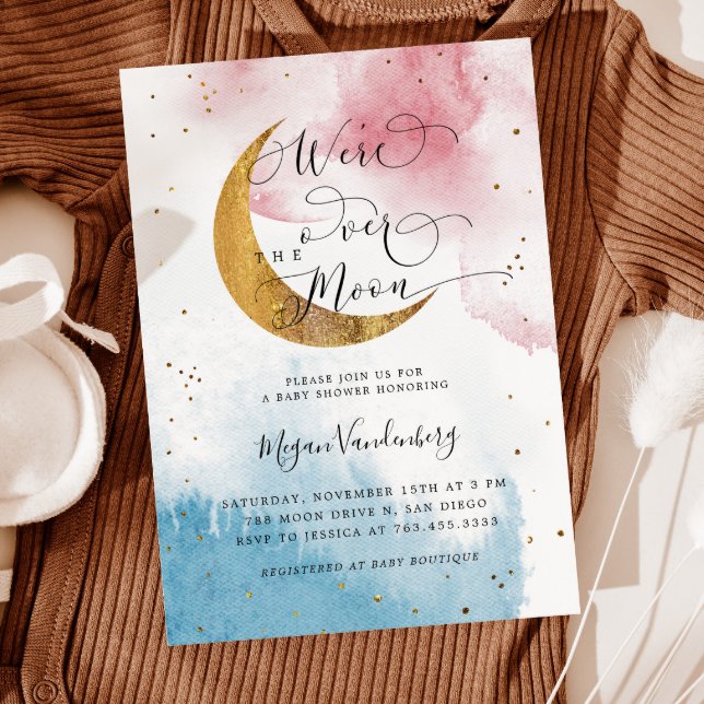 Over the Moon boy and girl twins Baby Shower Invitation