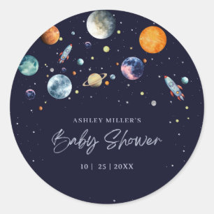 Over The Moon Boy Baby Shower Invite, Space Galaxy Classic Round Sticker