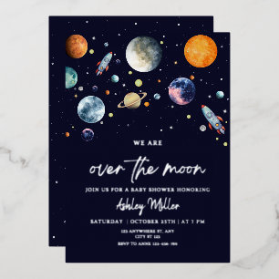 Over The Moon Boy Baby Shower Invite, Space Galaxy Foil Invitation