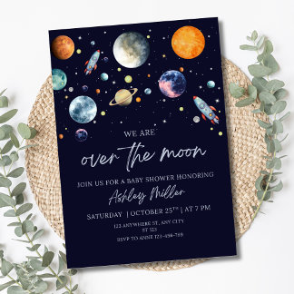 Over The Moon Boy Baby Shower Invite, Space Galaxy Invitation