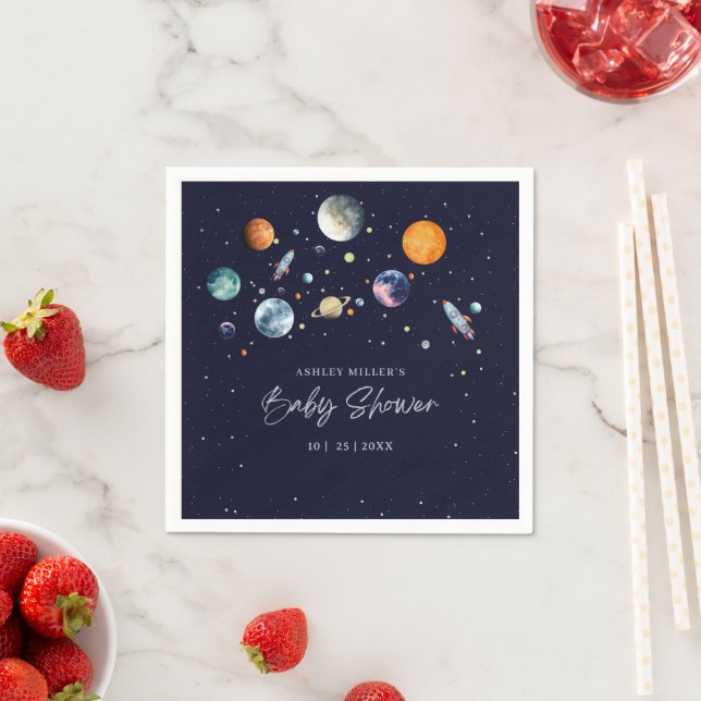 Over The Moon Boy Baby Shower Invite, Space Galaxy Napkins (Insitu)
