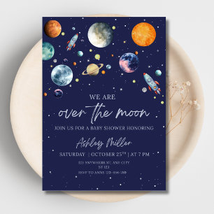 Over The Moon Boy Baby Shower Outer Space Galaxy Foil Invitation