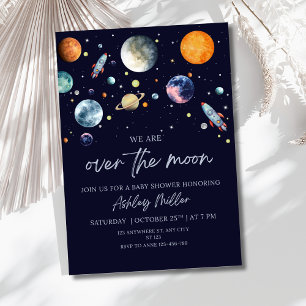 Over The Moon Boy Baby Shower Space Galaxy Foil Invitation