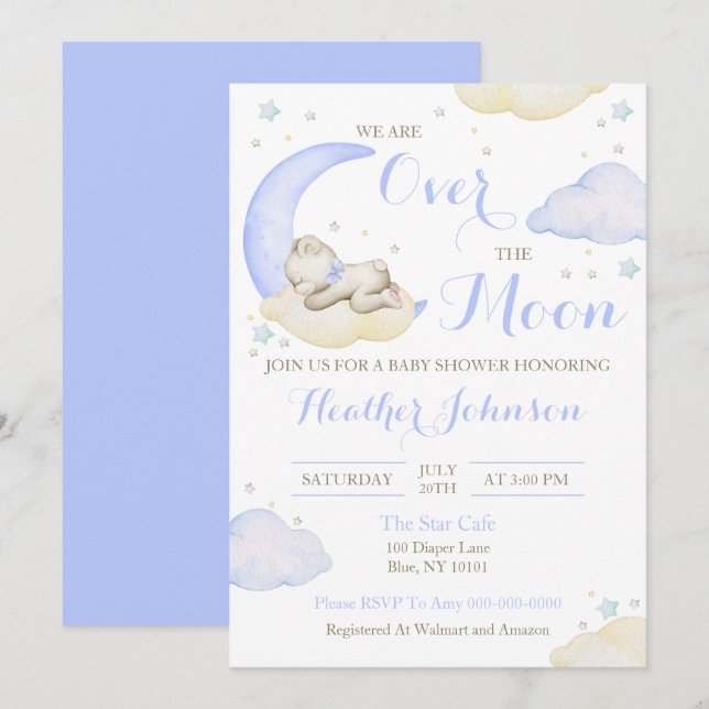 Over The Moon Boy Bear Baby Shower Invitation (Front/Back)