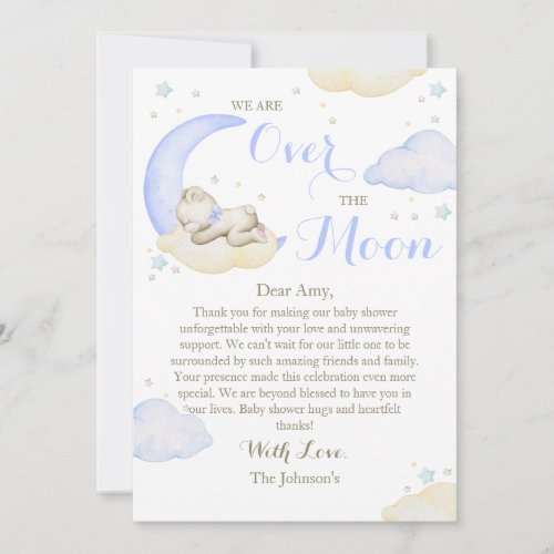 Over The Moon Boy Bear Baby Shower Thank You Card