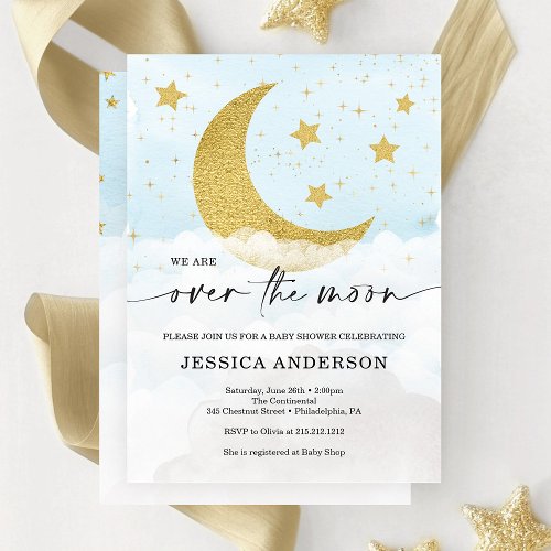 Over The Moon Boy Blue Baby Shower Invitation