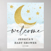 Over The Moon Boy Blue Baby Shower Welcome Poster