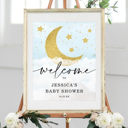 Over The Moon Boy Blue Baby Shower Welcome Poster