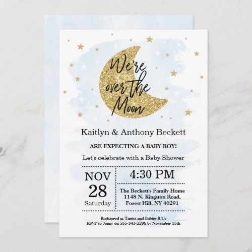 Over The Moon  Boys Baby Shower Invitation