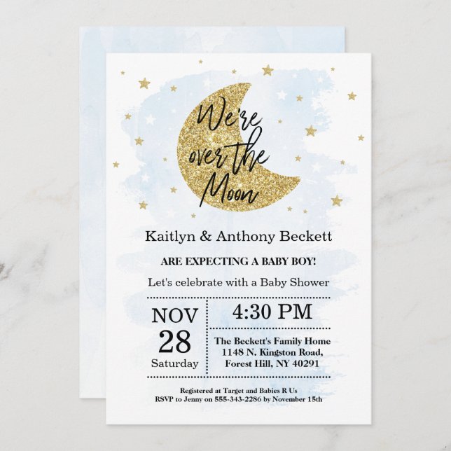 Over The Moon | Boys Baby Shower Invitation (Front/Back)