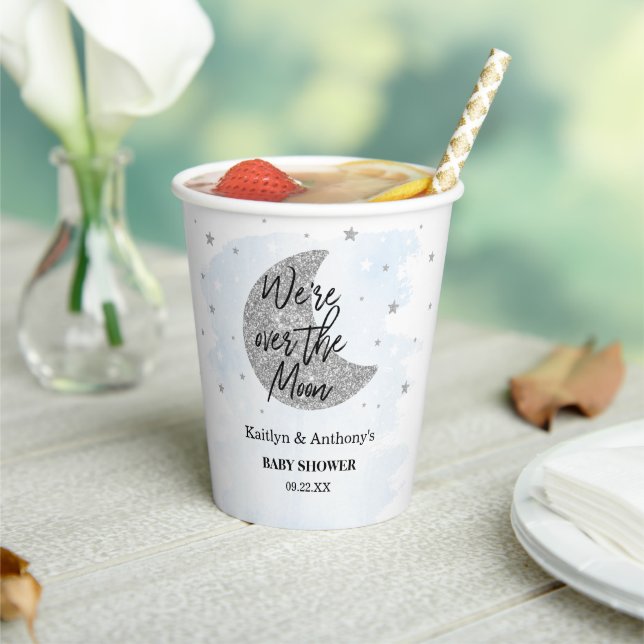 Over The Moon | Boys Baby Shower Paper Cups (Insitu)