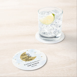 Over The Moon Boys Baby Shower Round Paper Coaster
