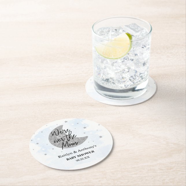 Over The Moon | Boys Baby Shower Round Paper Coaster (Insitu)