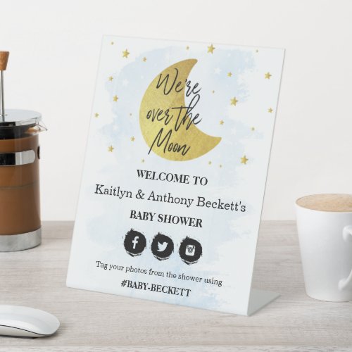 Over The Moon  Boys Baby Shower Welcome Pedestal Sign