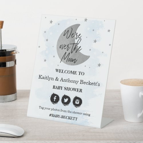 Over The Moon  Boys Baby Shower Welcome Pedestal Sign