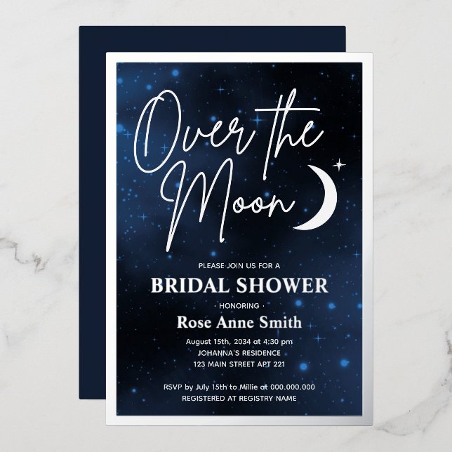 Over The Moon Bridal Shower Real Silver Foil Invitation (Front/Back)