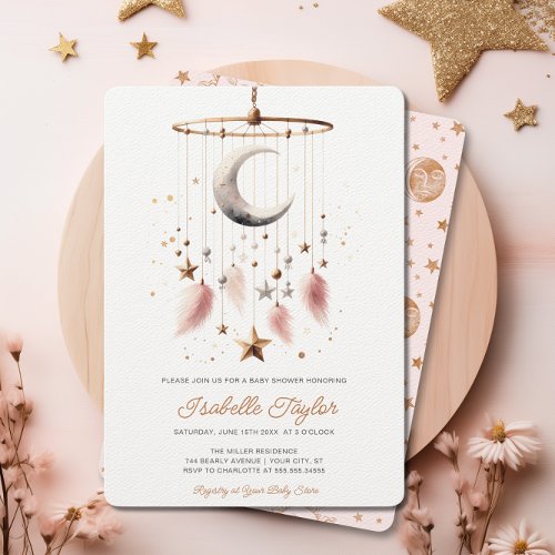 Over the Moon Celestial Pink Girl Baby Shower Chic Invitation