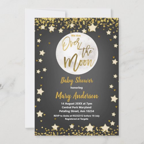 Over The Moon Chalkboard Gold Baby Shower Invitation