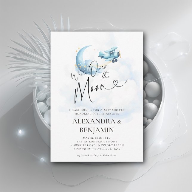 Over the Moon Clouds Airplane Coed Baby Boy Shower Invitation (over the moon baby shower invitation boy toy airplane moon stars watercolor cute adorable)