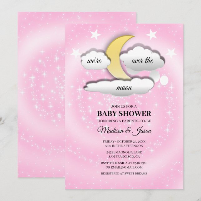 Over The Moon Clouds & Stars Baby Shower Invitation (Front/Back)