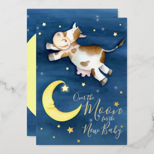 Over the moon cow jump baby shower foil invitation
