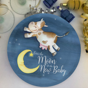Over the moon cow jump watercolor baby shower paper plates