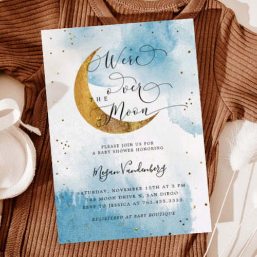 Over the Moon Dreamy Gold Boy Baby Shower Invitati