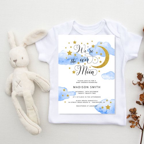 Over the Moon Dreamy Gold Boy Baby Shower Invitation