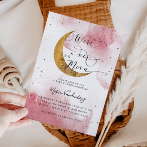 Over the Moon Dreamy Gold Girl Baby Shower Invitation