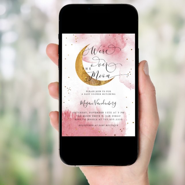 Over the Moon Dreamy Gold Girl Baby Shower Invitation (Front Digital)