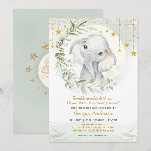 Over the Moon | Dreamy Greenery Gold Baby Shower Invitation (Front/Back)