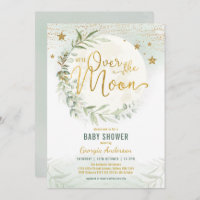 Over the Moon | Dreamy Greenery Gold Baby Shower Invitation