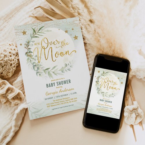 Over the Moon  Dreamy Greenery Gold Baby Shower Invitation