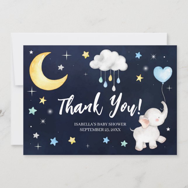 Over The Moon Elephant Baby Shower Thank You Card (Front)