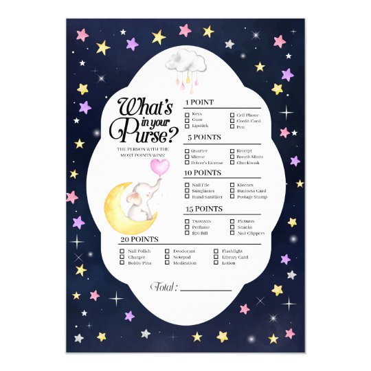 Over The Moon Elephant What S In Your Purse Game Invitation