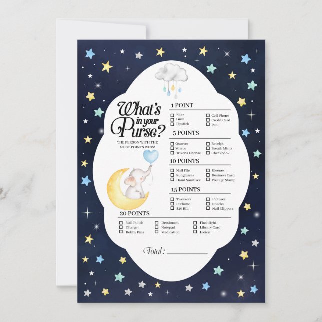 Over The Moon Elephant What's In Your Purse Game Invitation (Front)