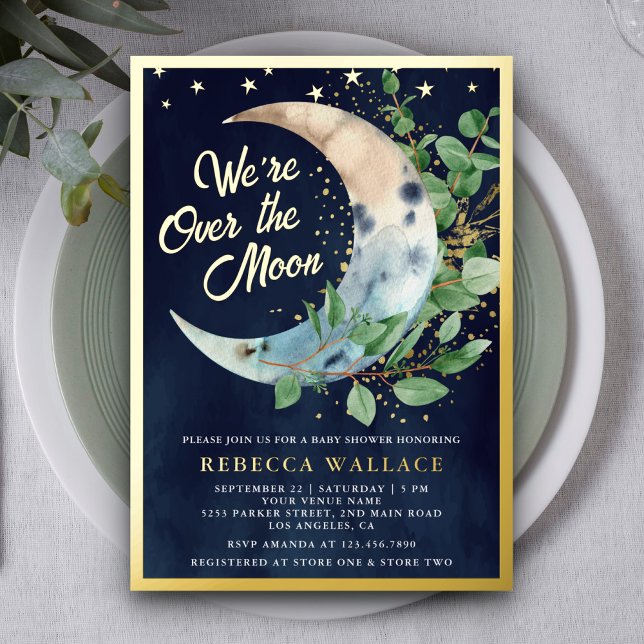 Over The Moon Eucalyptus Baby Shower Navy Gold Foil Invitation (Creator Uploaded)