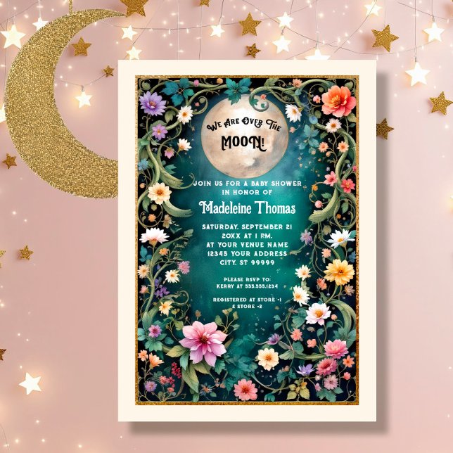 Over the Moon Floral Night Pink Flowers Vine Girl Invitation (Creator Uploaded)