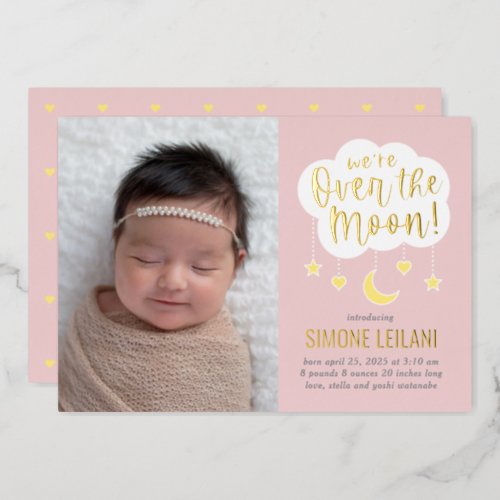 Over The Moon Foil Baby Birth Announcement