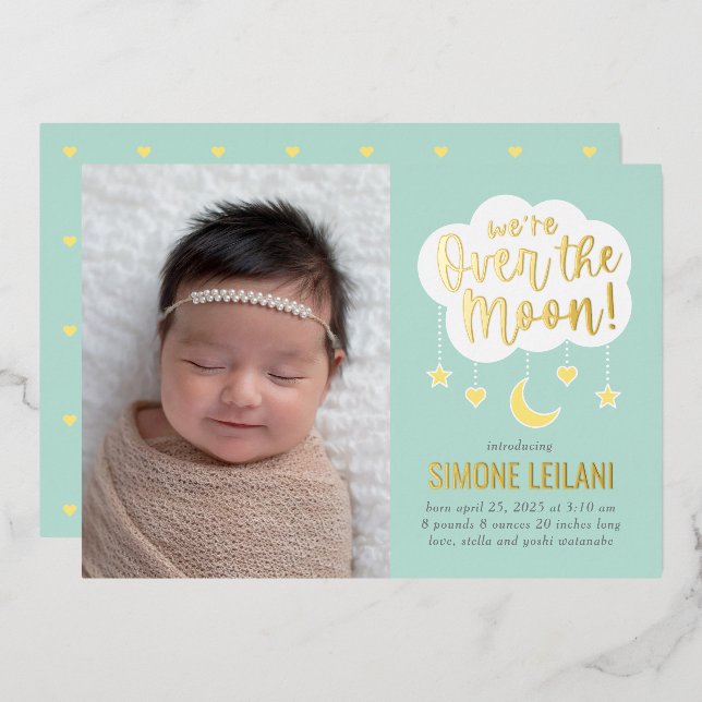 Over The Moon Foil Baby Birth Announcement (Front/Back)