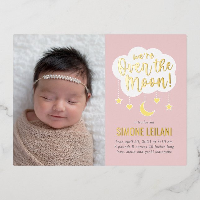 Over The Moon Foil Birth Announcement Postcard (Front)