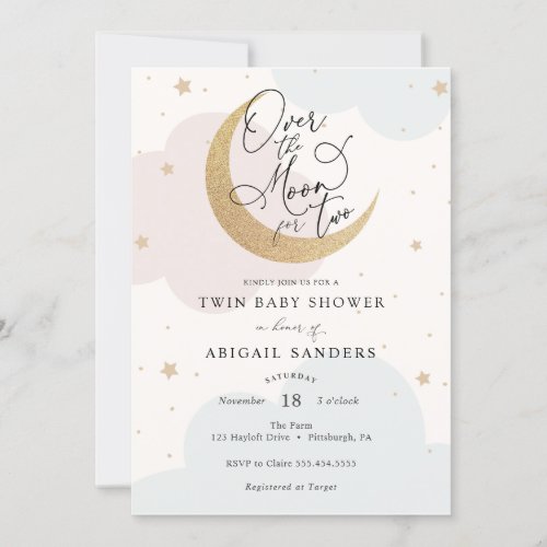 Over the Moon for Two Twin Baby Shower Invitation