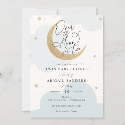 Over the Moon for Two Twin Boys Baby Shower Invitation